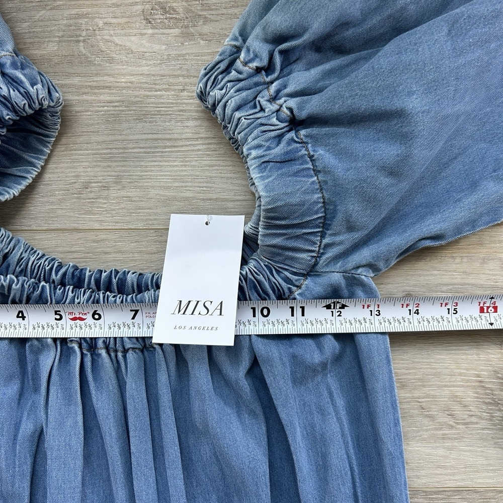 NWT Misa Los Angeles Medium Blue Denim Smocked Drop Waist Puff Sleeve Midi Dress - Picture 9 of 12